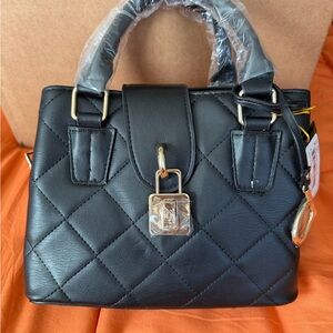 bebe Black Quilted Satchel with Gold Accents